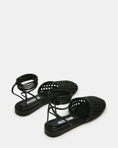 FLUTTER Black Leather Woven Mule Leg-Ties Strappy Women's Flat | Steve Madden