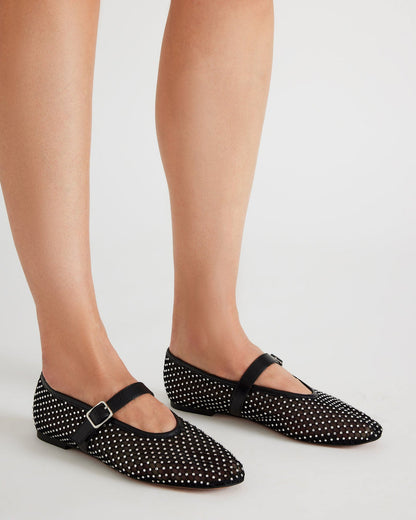 DREAMING Black Mesh Rhinestone Mary Jane | Women's Flats | Steve Madden