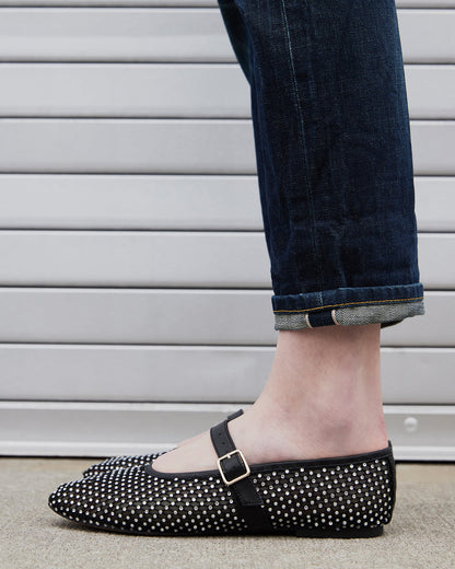 DREAMING Black Mesh Rhinestone Mary Jane | Women's Flats | Steve Madden