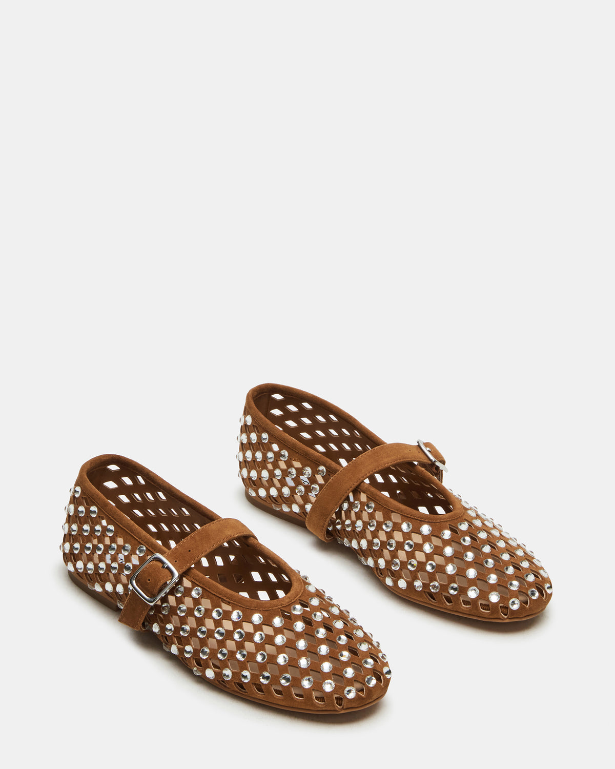 DREAMING Chestnut Suede Rhinestones Women's Mary Jane Flats | Steve Madden