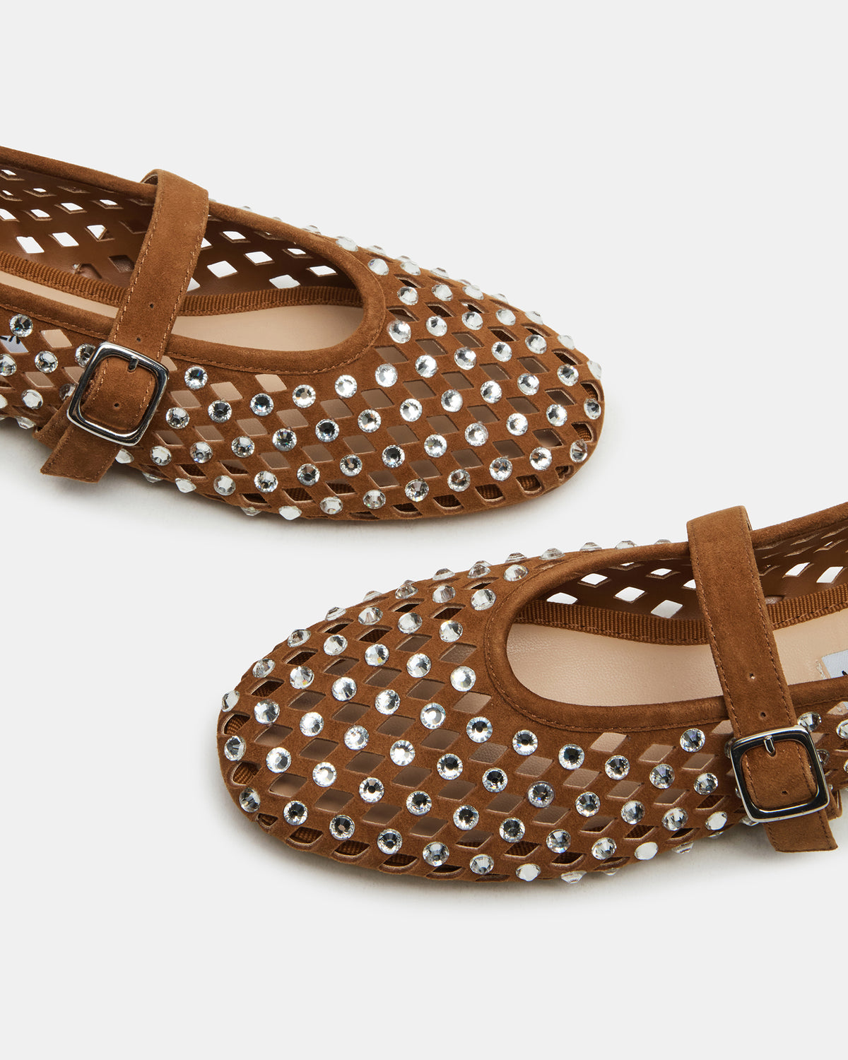 DREAMING Chestnut Suede Rhinestones Women's Mary Jane Flats | Steve Madden