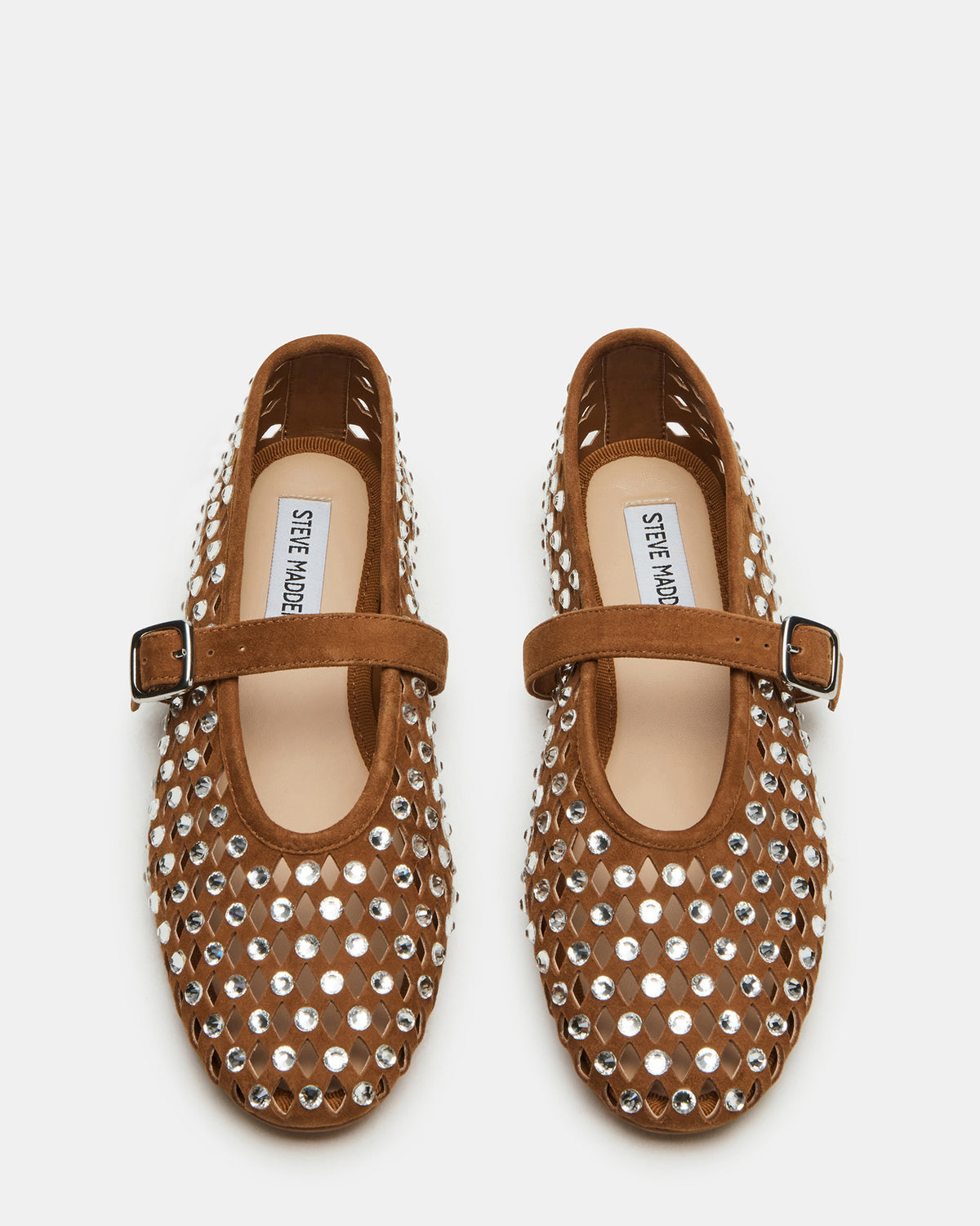 DREAMING Chestnut Suede Rhinestones Women's Mary Jane Flats | Steve Madden