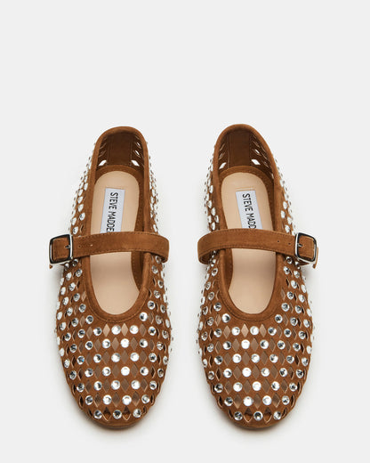 DREAMING Chestnut Suede Rhinestones Women's Mary Jane Flats | Steve Madden