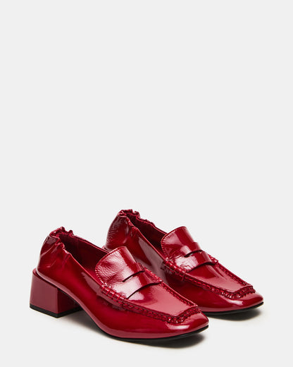 ESTEE Red Crinkle Patent Square-Toe Heeled Women's Loafer | Steve Madden