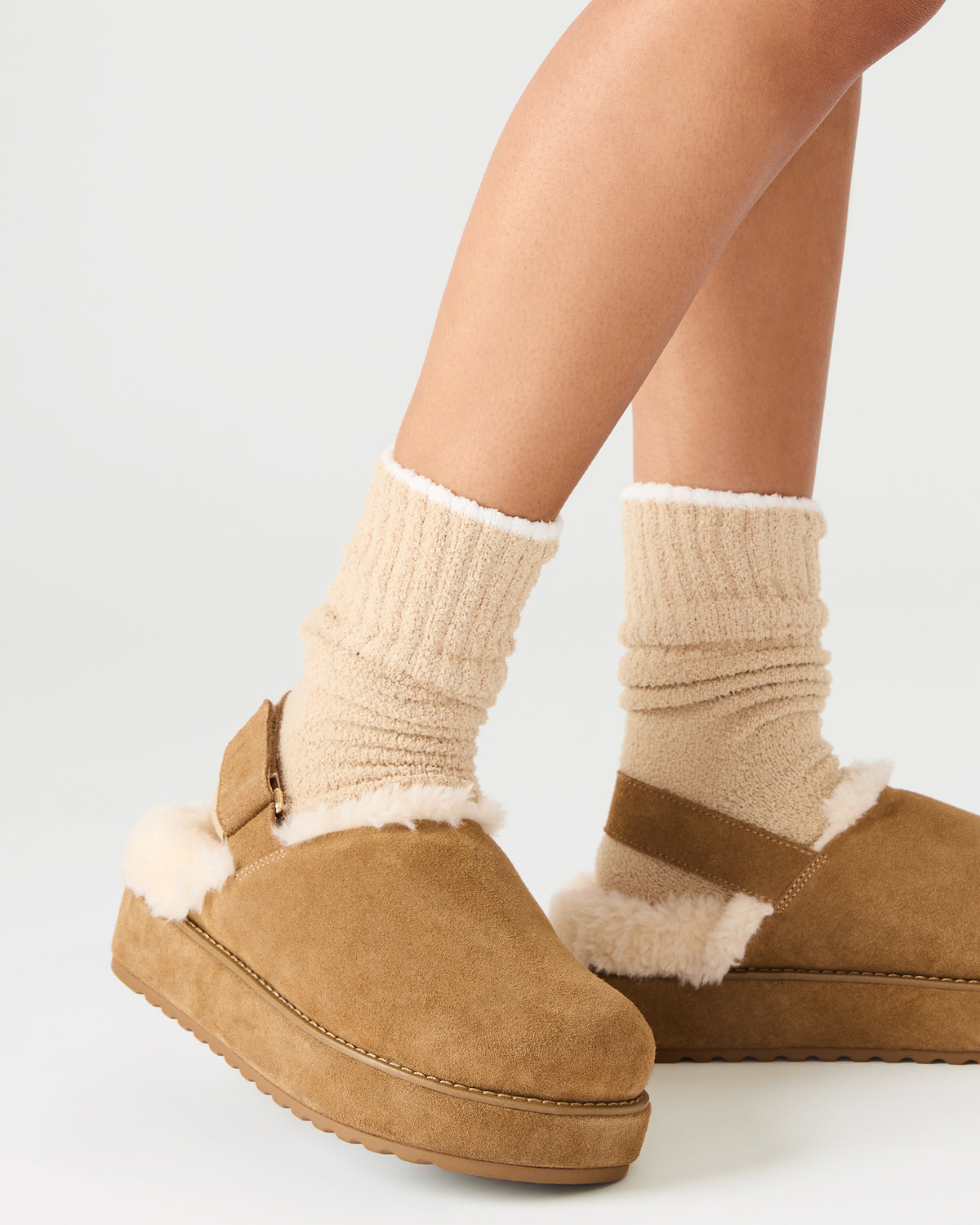 MELLOW Faux Fur Cognac Suede Women's Slingback Platform Clog | Steve Madden