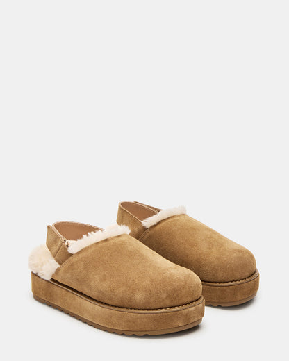 MELLOW Faux Fur Cognac Suede Women's Slingback Platform Clog | Steve Madden
