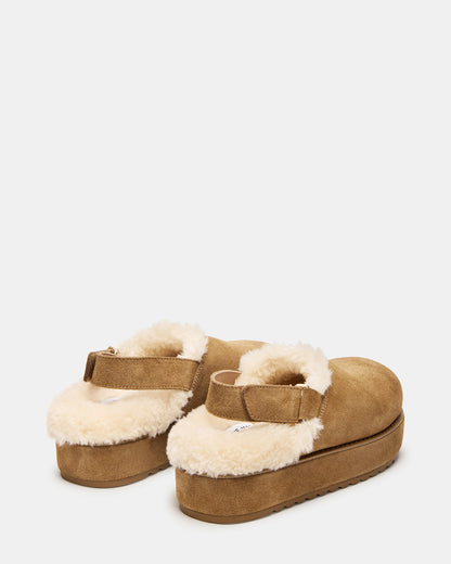 MELLOW Faux Fur Cognac Suede Women's Slingback Platform Clog | Steve Madden