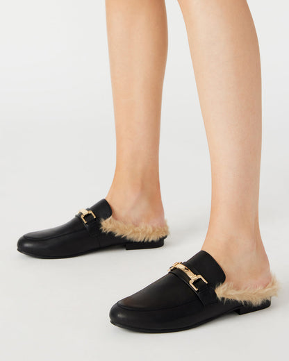 KHLOE Black Leather Women's Faux Fur Mule | Steve Madden