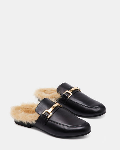 KHLOE Black Leather Women's Faux Fur Mule | Steve Madden