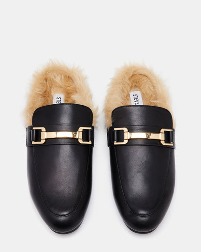 KHLOE Black Leather Women's Faux Fur Mule | Steve Madden