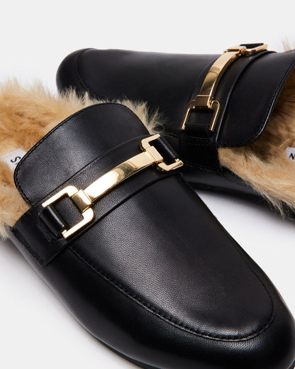 KHLOE Black Leather Women's Faux Fur Mule | Steve Madden
