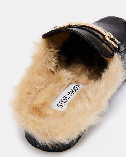 KHLOE Black Leather Women's Faux Fur Mule | Steve Madden