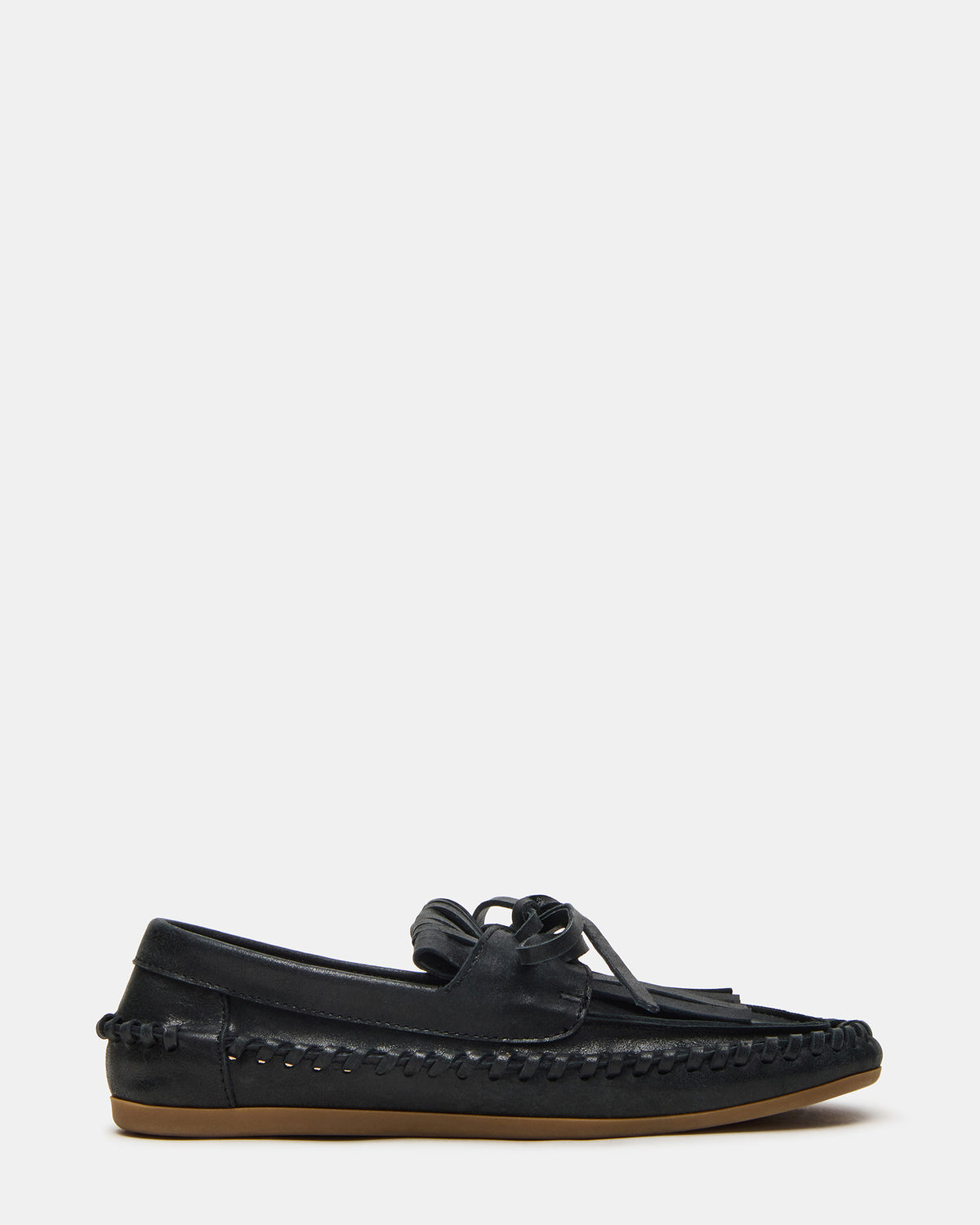 SAMUAL Black Distressed Fringe Boat Women's Loafer | Steve Madden
