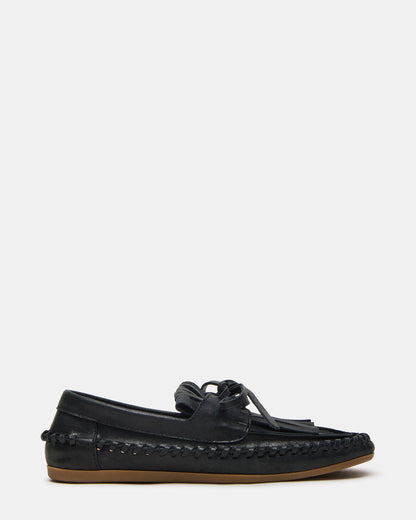 SAMUAL Black Distressed Fringe Boat Women's Loafer | Steve Madden