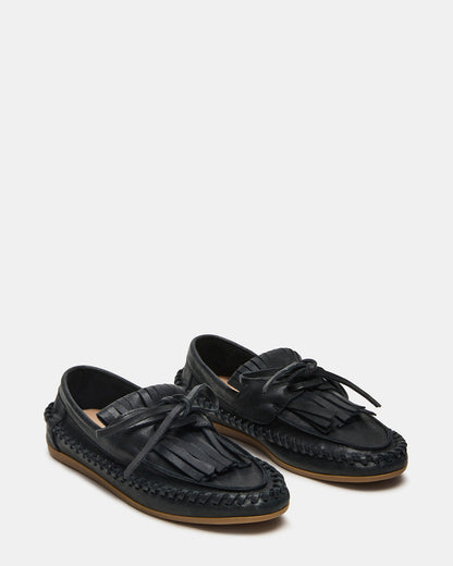 SAMUAL Black Distressed Fringe Boat Women's Loafer | Steve Madden