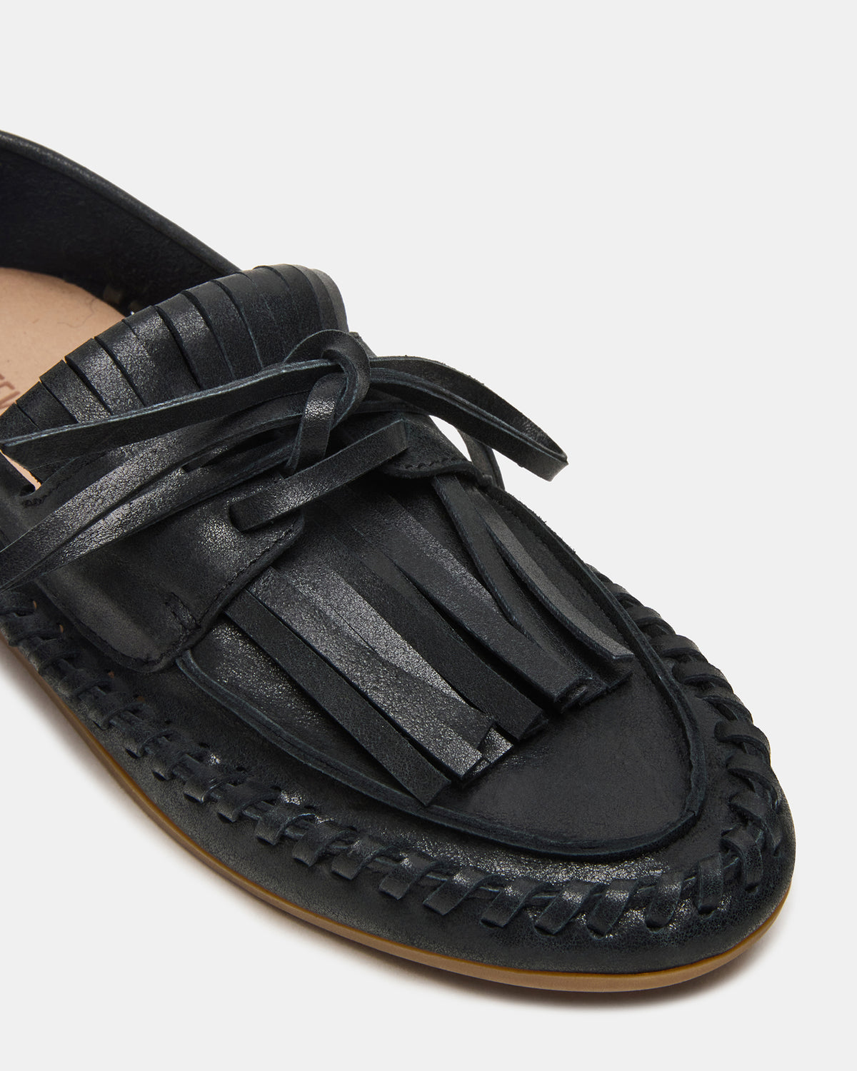 SAMUAL Black Distressed Fringe Boat Women's Loafer | Steve Madden