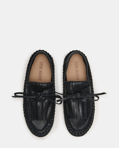 SAMUAL Black Distressed Fringe Boat Women's Loafer | Steve Madden