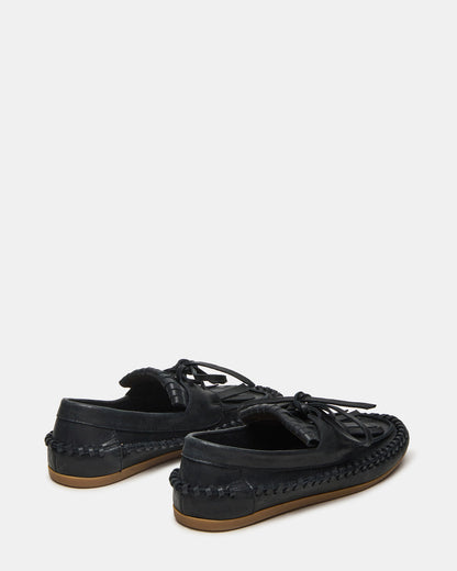 SAMUAL Black Distressed Fringe Boat Women's Loafer | Steve Madden