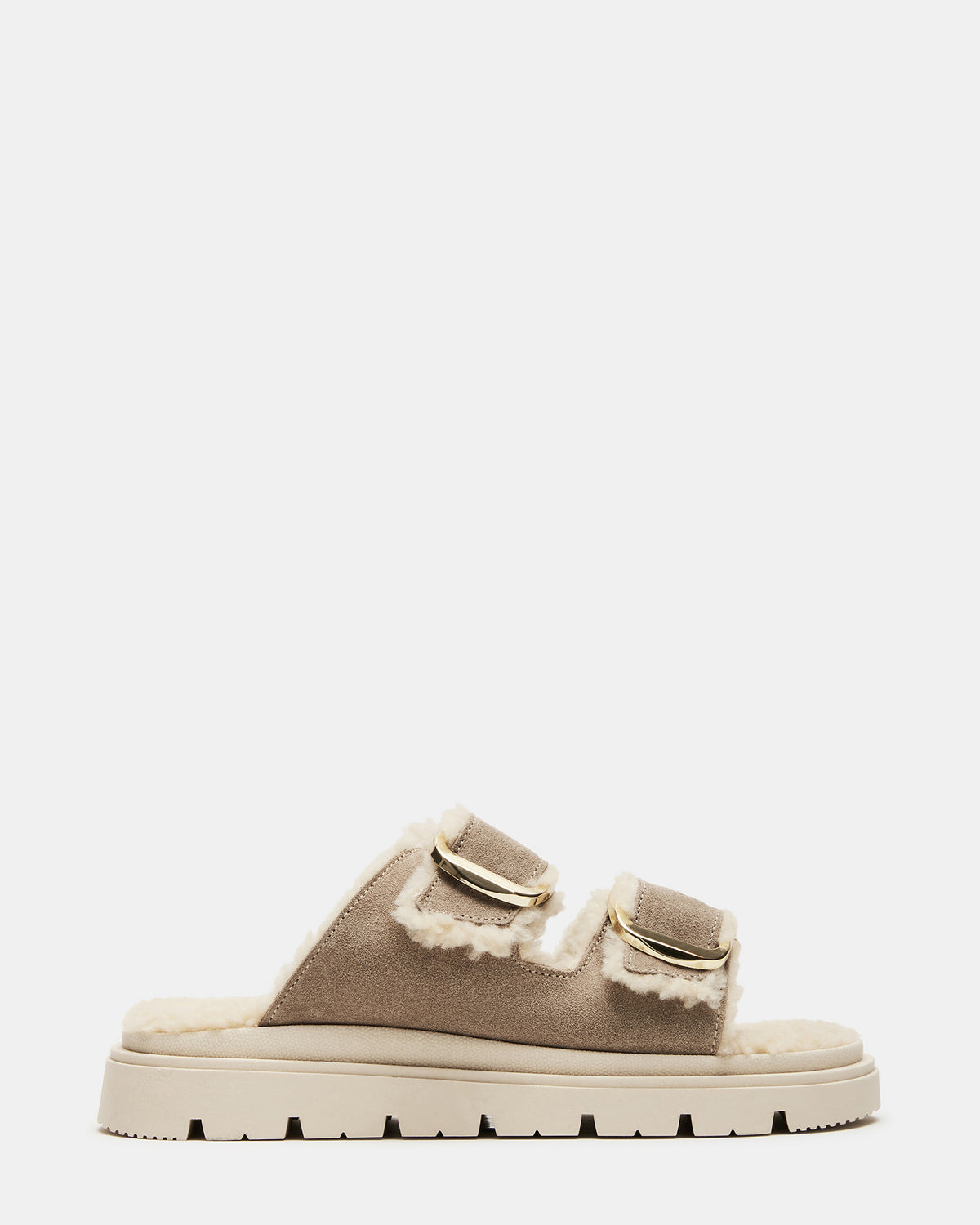 SNUGGLE Sand Suede Faux Fur Slide | Women's Flats | Steve Madden