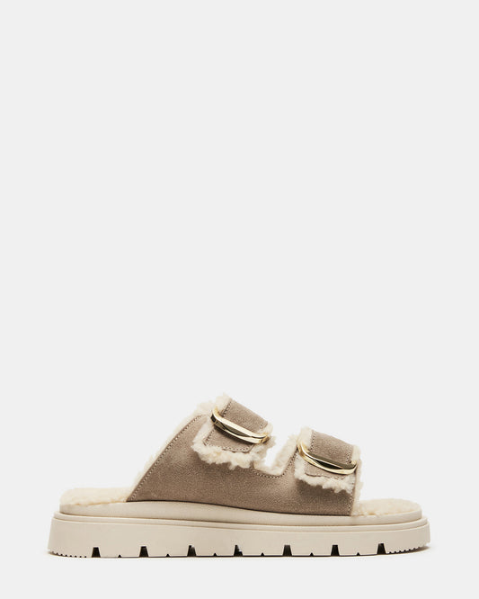 SNUGGLE Sand Suede Faux Fur Slide | Women's Flats | Steve Madden