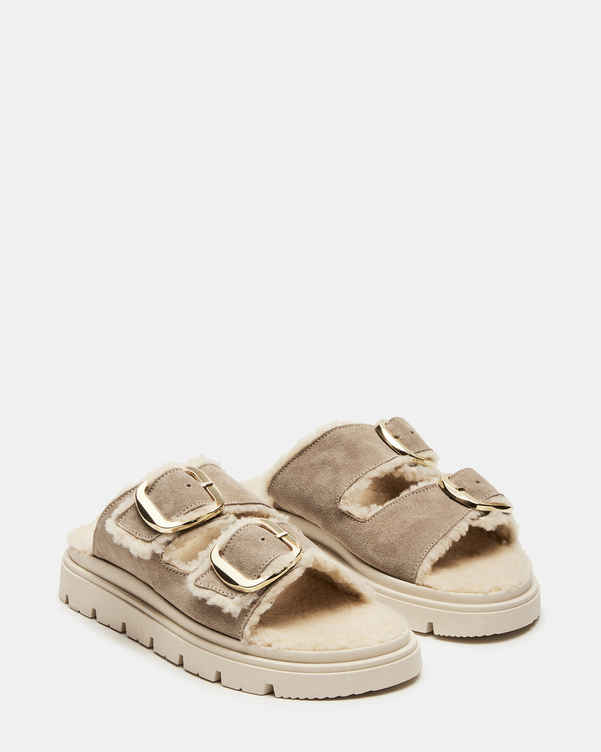 SNUGGLE Sand Suede Faux Fur Slide | Women's Flats | Steve Madden