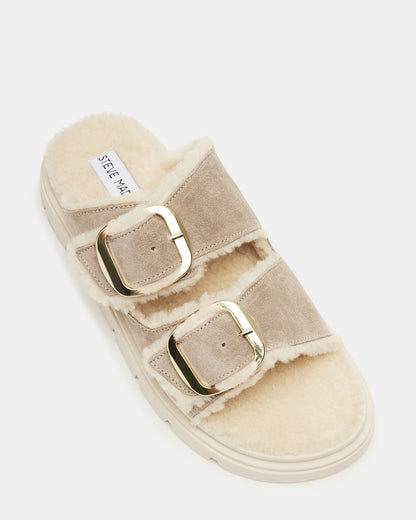 SNUGGLE Sand Suede Faux Fur Slide | Women's Flats | Steve Madden