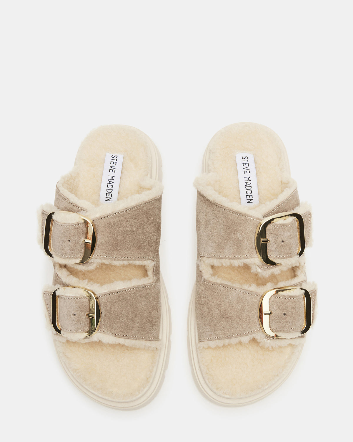 SNUGGLE Sand Suede Faux Fur Slide | Women's Flats | Steve Madden
