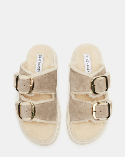 SNUGGLE Sand Suede Faux Fur Slide | Women's Flats | Steve Madden