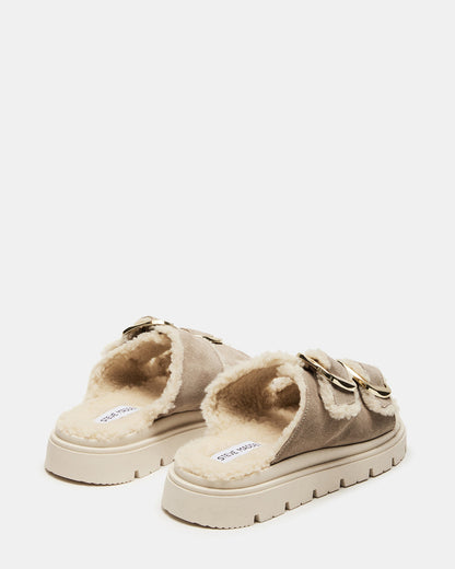 SNUGGLE Sand Suede Faux Fur Slide | Women's Flats | Steve Madden
