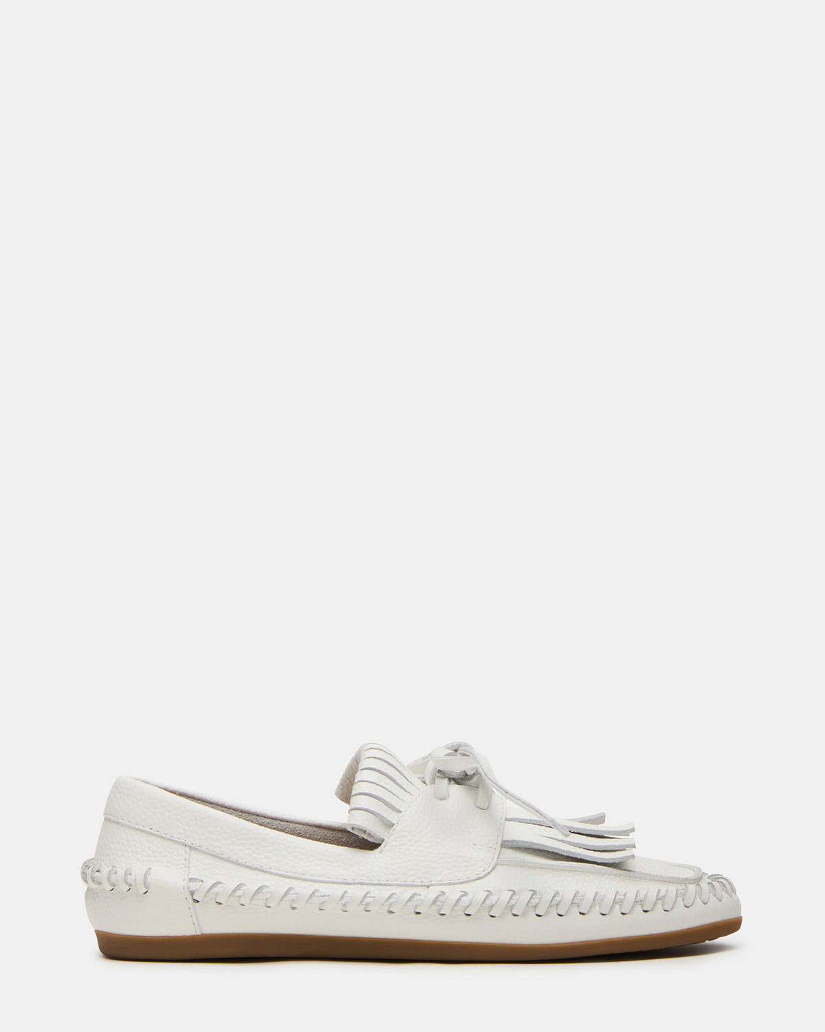 SAMUAL White Leather Fringe Boat Women's Loafer | Steve Madden