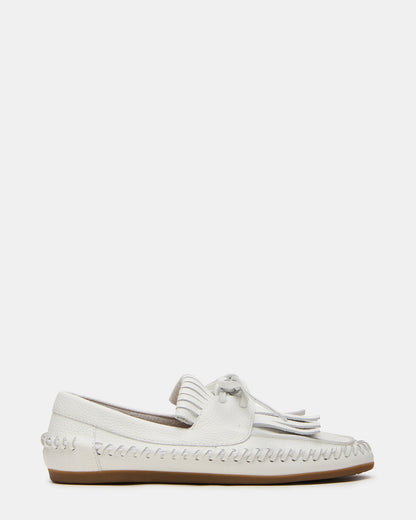 SAMUAL White Leather Fringe Boat Women's Loafer | Steve Madden