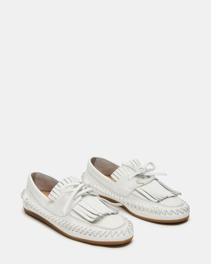 SAMUAL White Leather Fringe Boat Women's Loafer | Steve Madden