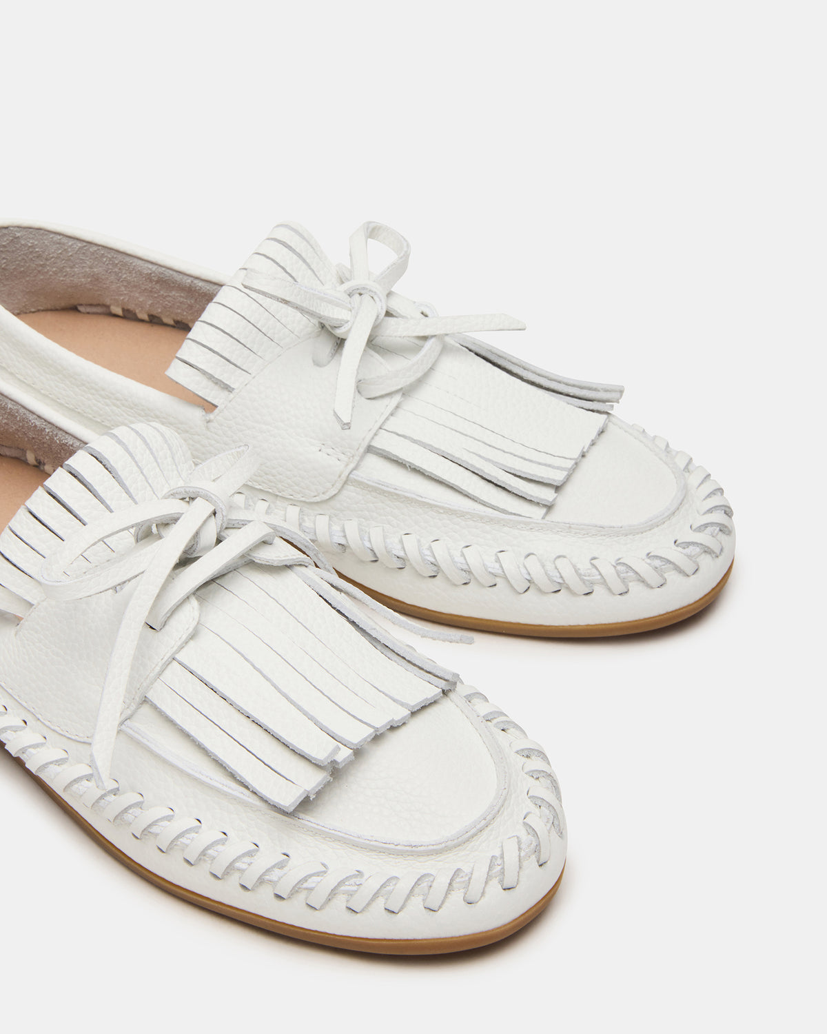 SAMUAL White Leather Fringe Boat Women's Loafer | Steve Madden