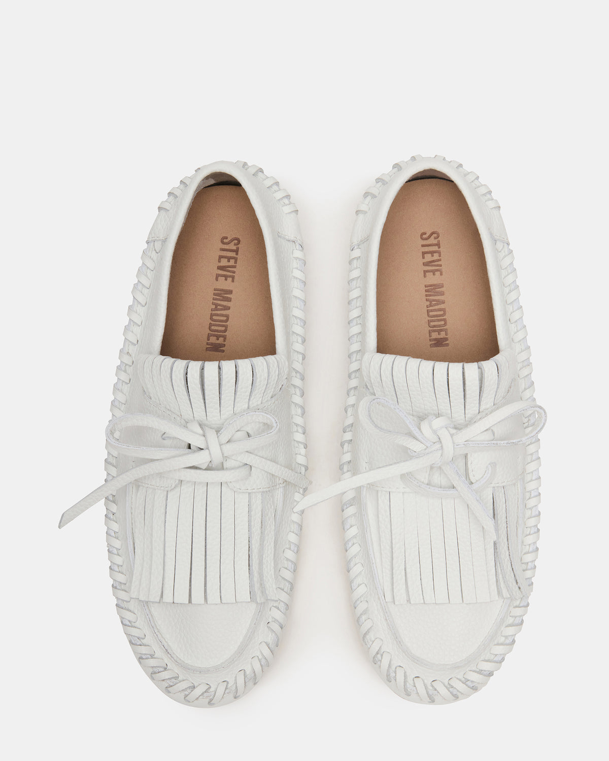 SAMUAL White Leather Fringe Boat Women's Loafer | Steve Madden