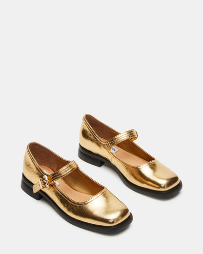 DELANCY Gold Leather Women's Mary Jane Flats | Steve Madden