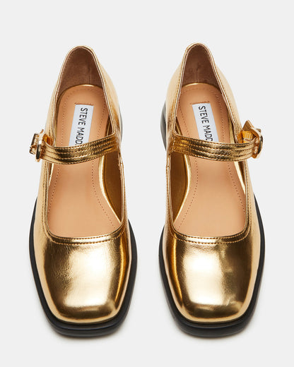 DELANCY Gold Leather Women's Mary Jane Flats | Steve Madden