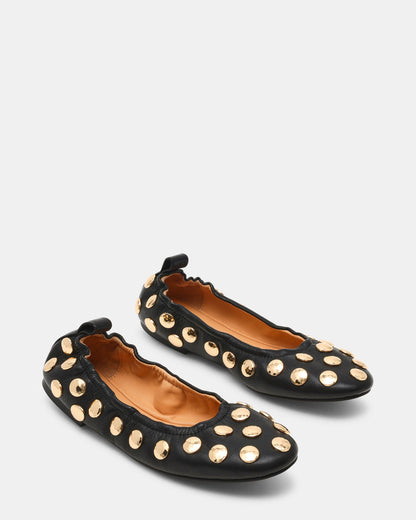 LANTA Black Leather Studded Gold-Detail Round-Toe Women's Flat | Steve Madden