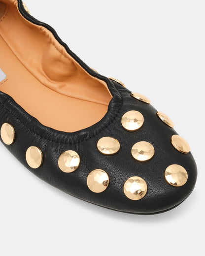 LANTA Black Leather Studded Gold-Detail Round-Toe Women's Flat | Steve Madden