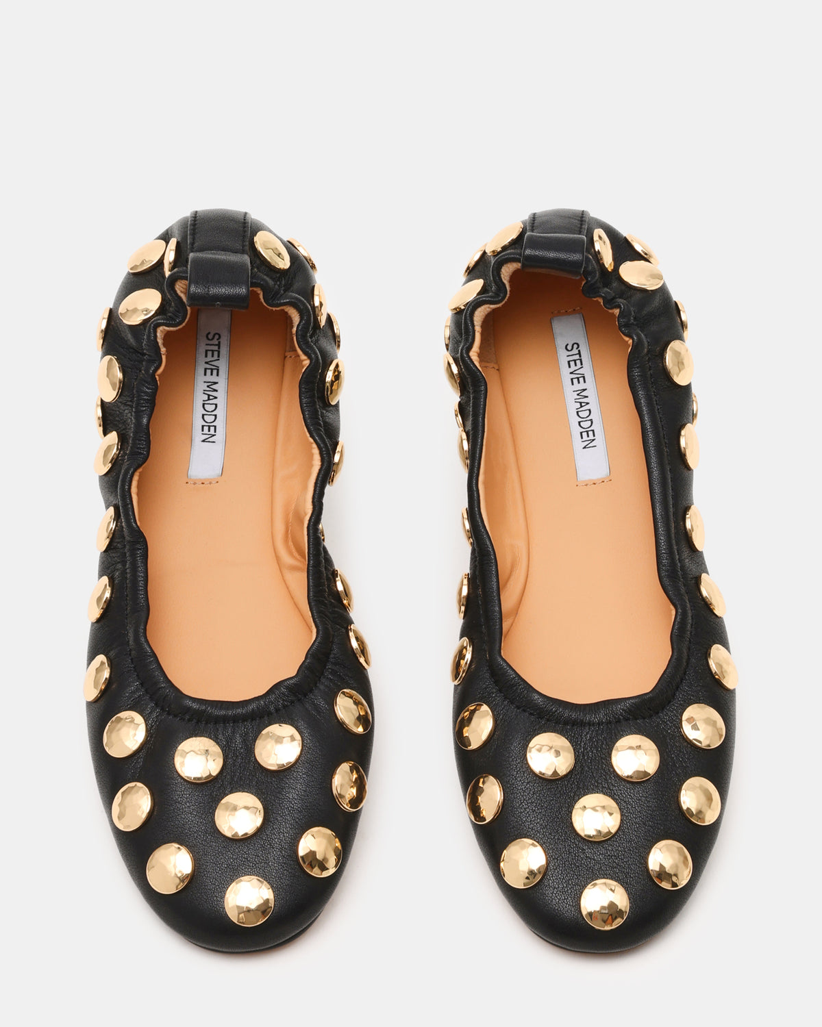 LANTA Black Leather Studded Gold-Detail Round-Toe Women's Flat | Steve Madden