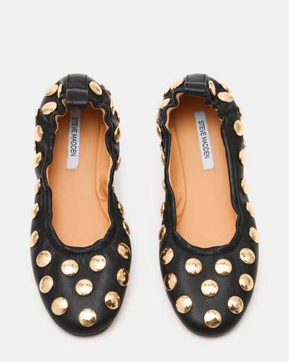 LANTA Black Leather Studded Gold-Detail Round-Toe Women's Flat | Steve Madden