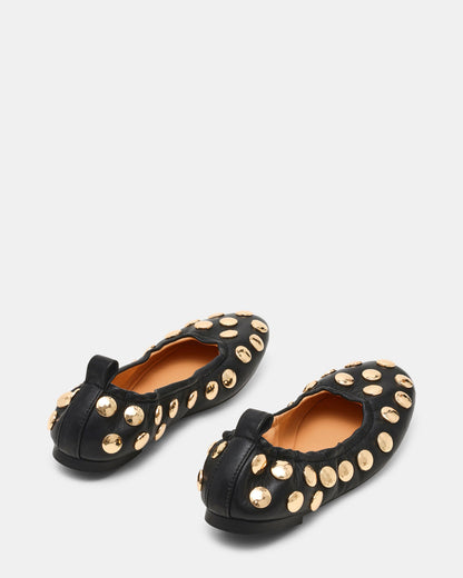LANTA Black Leather Studded Gold-Detail Round-Toe Women's Flat | Steve Madden