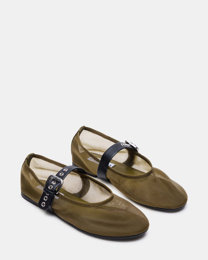 MITSY Olive/Black Mary Jane Mesh Ballet Women's Flat | Steve Madden