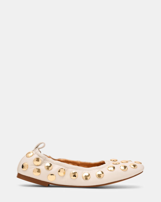 LANTA White Leather Studded Gold-Detail Round-Toe Women's Flat | Steve Madden