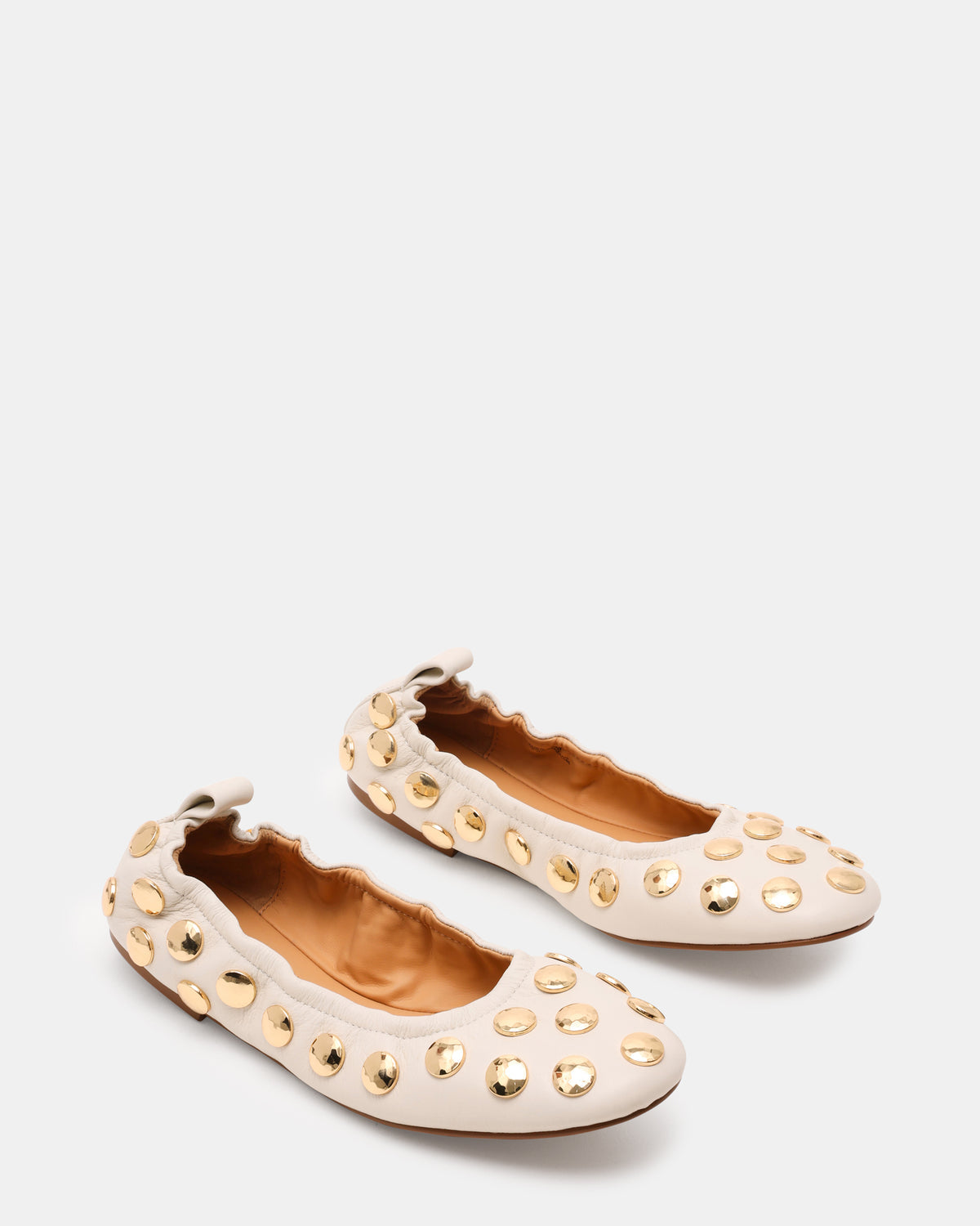 LANTA White Leather Studded Gold-Detail Round-Toe Women's Flat | Steve Madden
