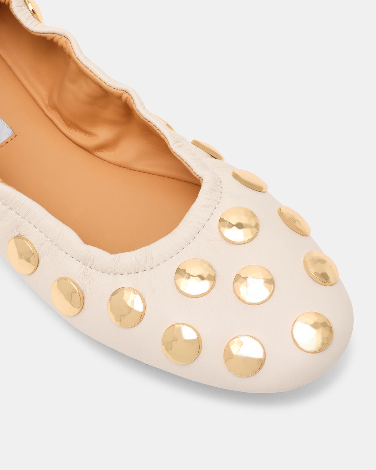 LANTA White Leather Studded Gold-Detail Round-Toe Women's Flat | Steve Madden