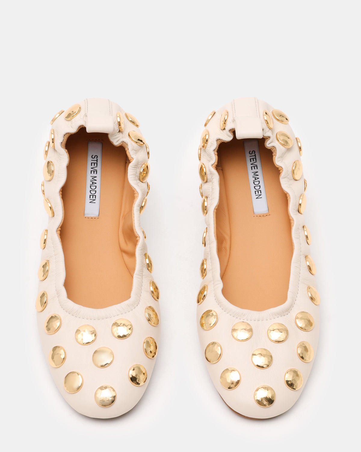 LANTA White Leather Studded Gold-Detail Round-Toe Women's Flat | Steve Madden