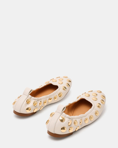 LANTA White Leather Studded Gold-Detail Round-Toe Women's Flat | Steve Madden