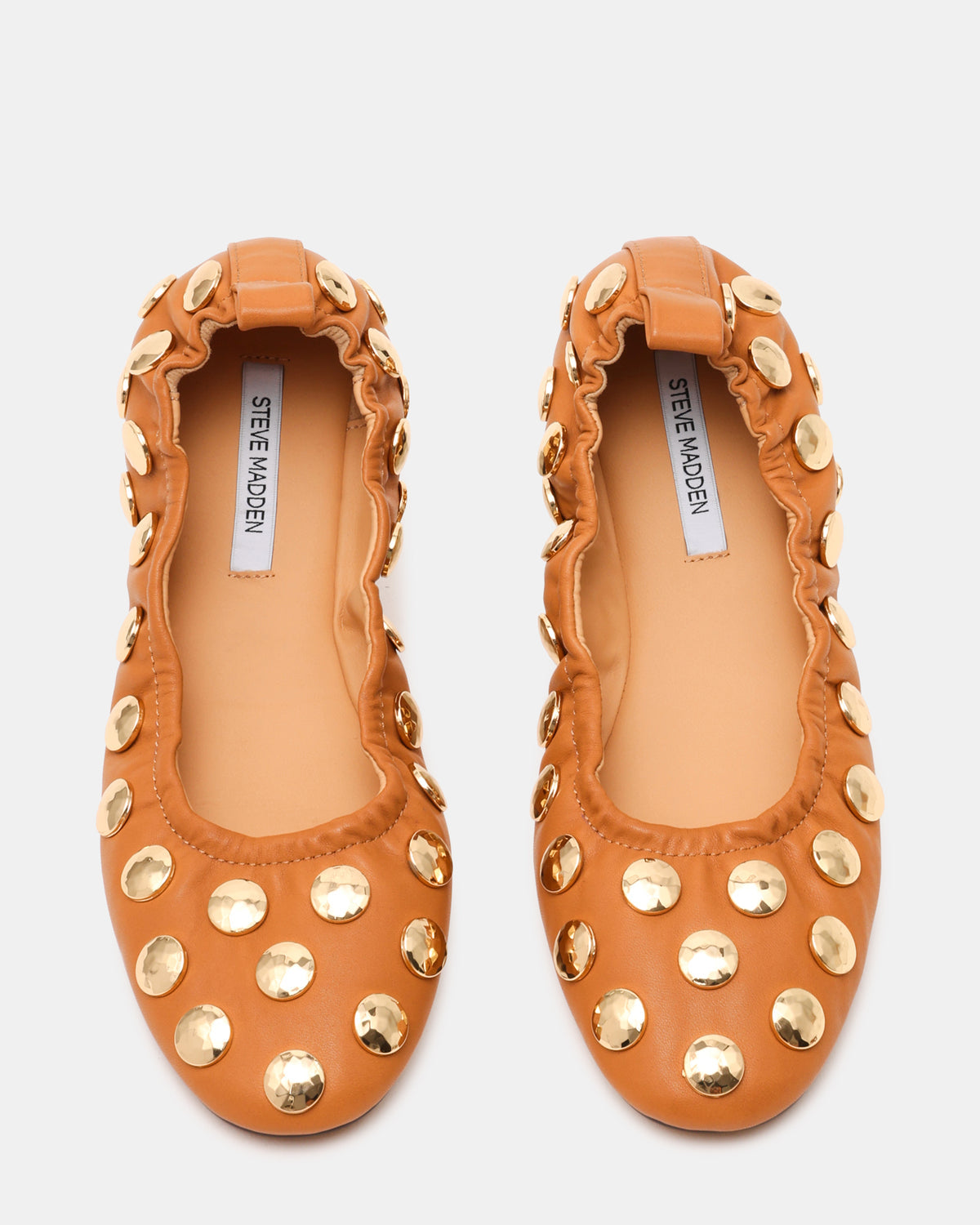 LANTA Tan Leather Studded Gold-Detail Round-Toe Women's Flat | Steve Madden