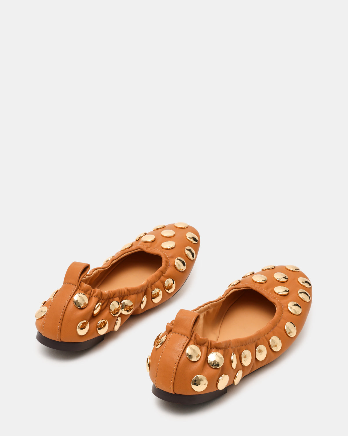 LANTA Tan Leather Studded Gold-Detail Round-Toe Women's Flat | Steve Madden