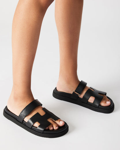 MAYVEN Black Leather Flatform Slide Women's Sandal | Steve Madden